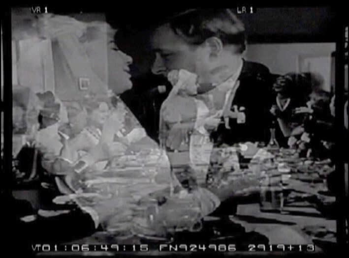 Installation view of Wihelm Sasnal's third solo exhibition at Anton Kern Gallery, consisting of a 16 mm film, a set of posters, and a group of a paintings. Film still.