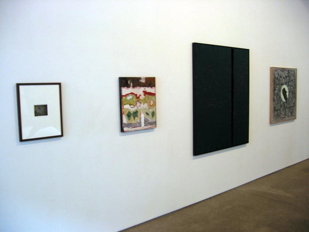 Installation view of the celebratory Implosion show, featuring 37 artists to commemorate a decade of Anton Kern Gallery. Four works featured.