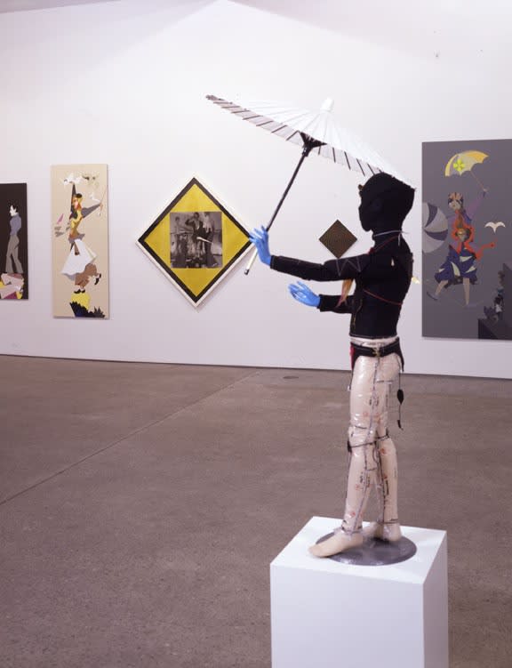 Installation view of Lothar Hempel's solo show titled Umbrella. Sculpture and hung works behind.