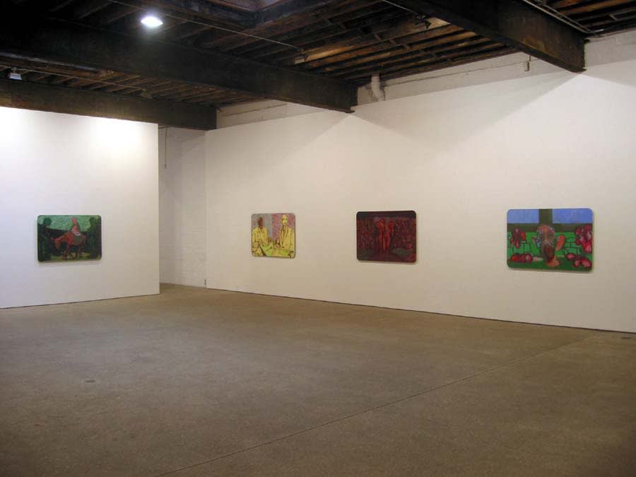 Installation view of Alessandro Pessoli's show titled Fuga Verde, consisting of a few figurative paintings and six self-portraits. Four works featured.