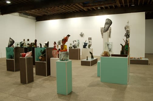 Installation view of Matthew Monahan's second solo show at Anton Kern Gallery., featuring curiosities, artifacts, drawings, and assembled sculptures. Some of Monahan's sculptures.