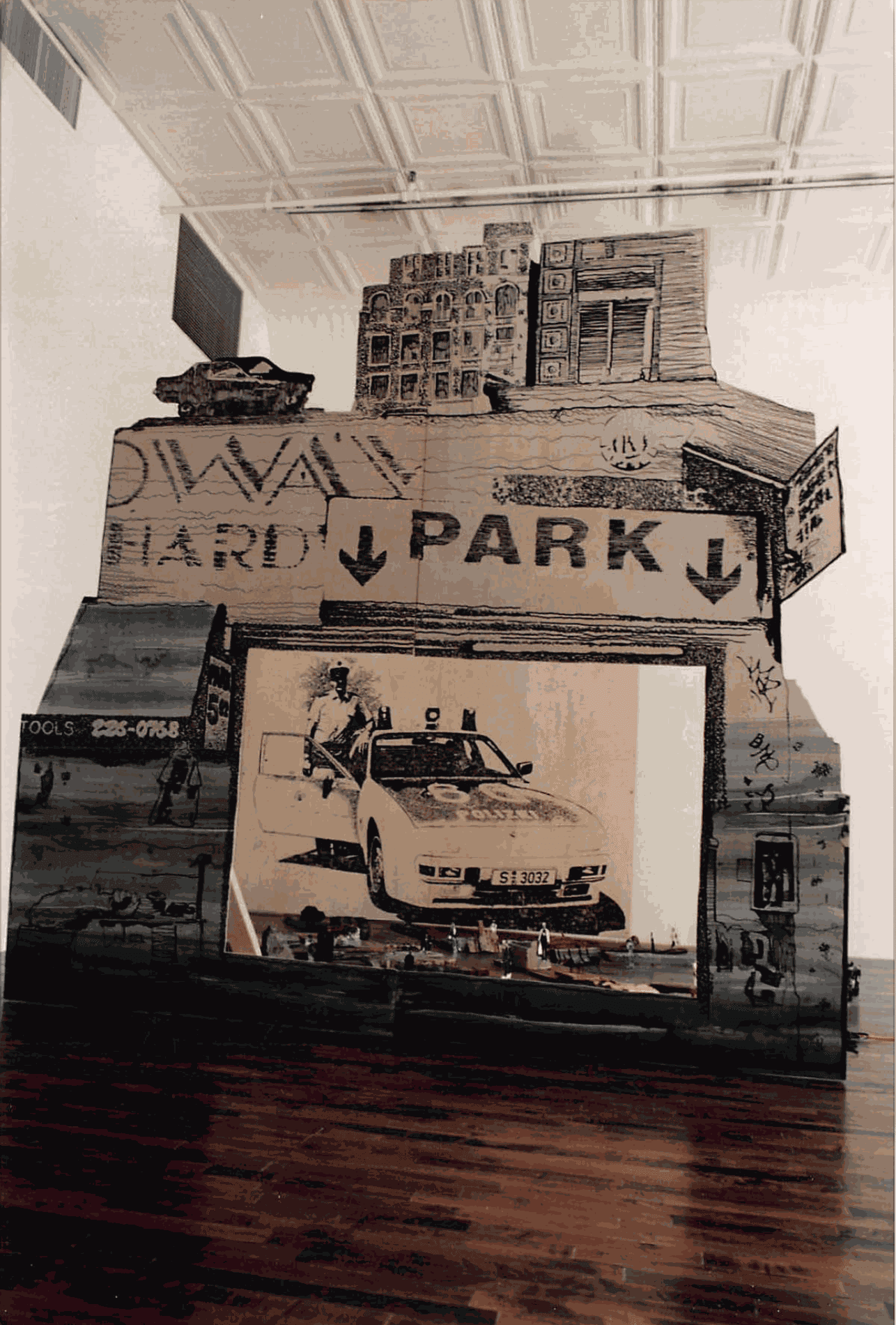 Installation view of Angus Fairhurst and Lothar Hempel's collaborative show – the first show at Anton Kern Gallery. Cardboard and ephemeral sculpture.