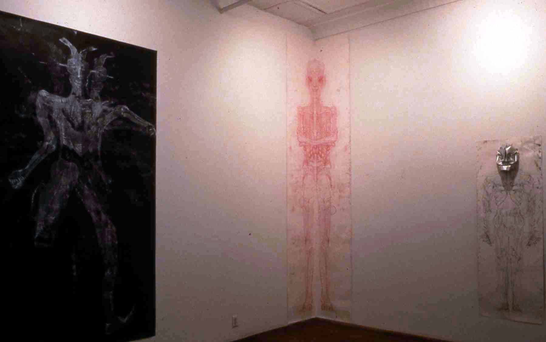 Installation view of Matthew Monahan's first show at Anton Kern Gallery, featuring drawings from the young artist coupled with masks originating from the Tabwa Tribe in Zambia. More of Monahan's drawings.