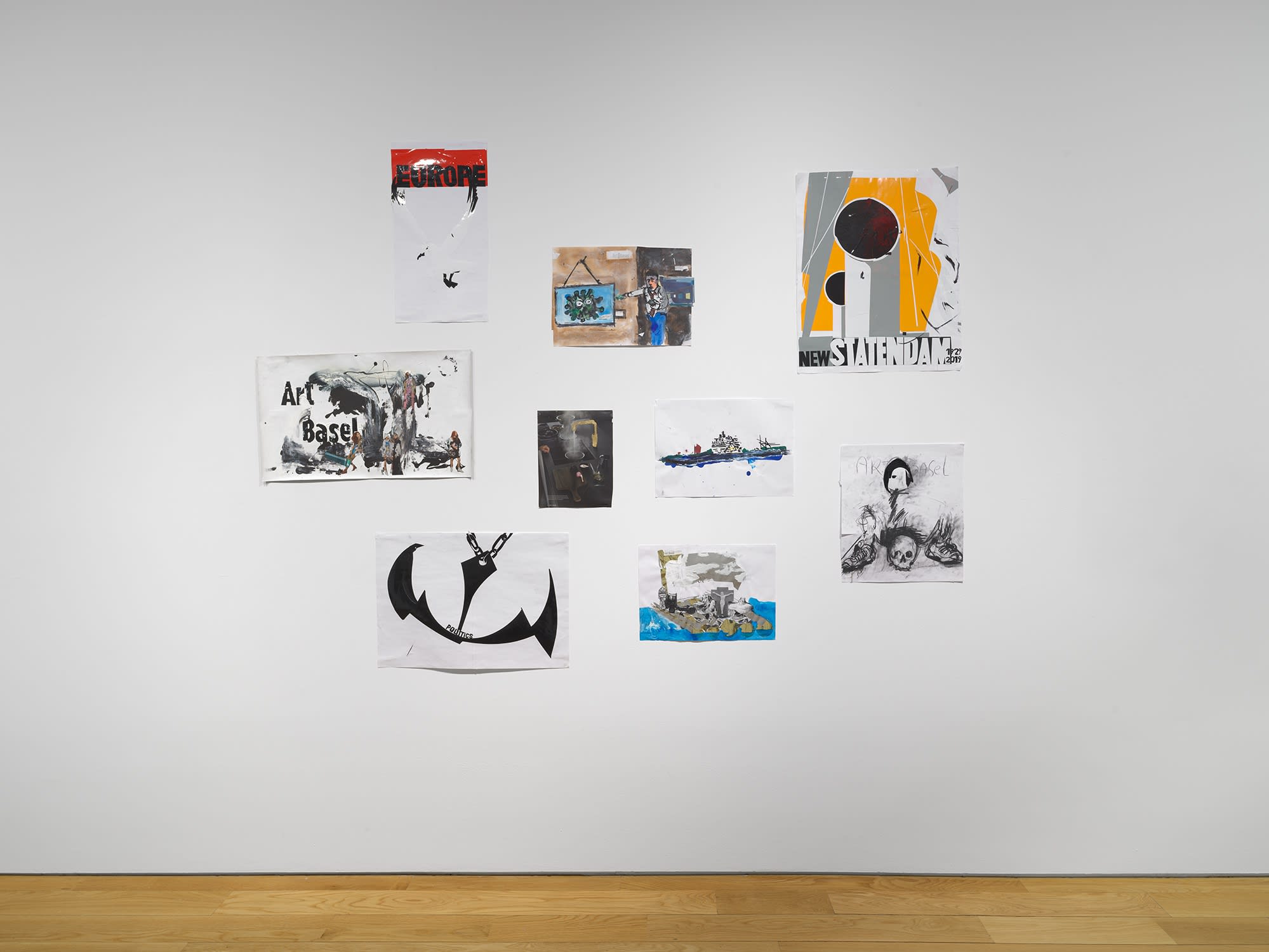 Installation view on the gallery's third floor of Erik van Lieshout's exhibition. Collage is featured. Art Basel and other imagery, etc.