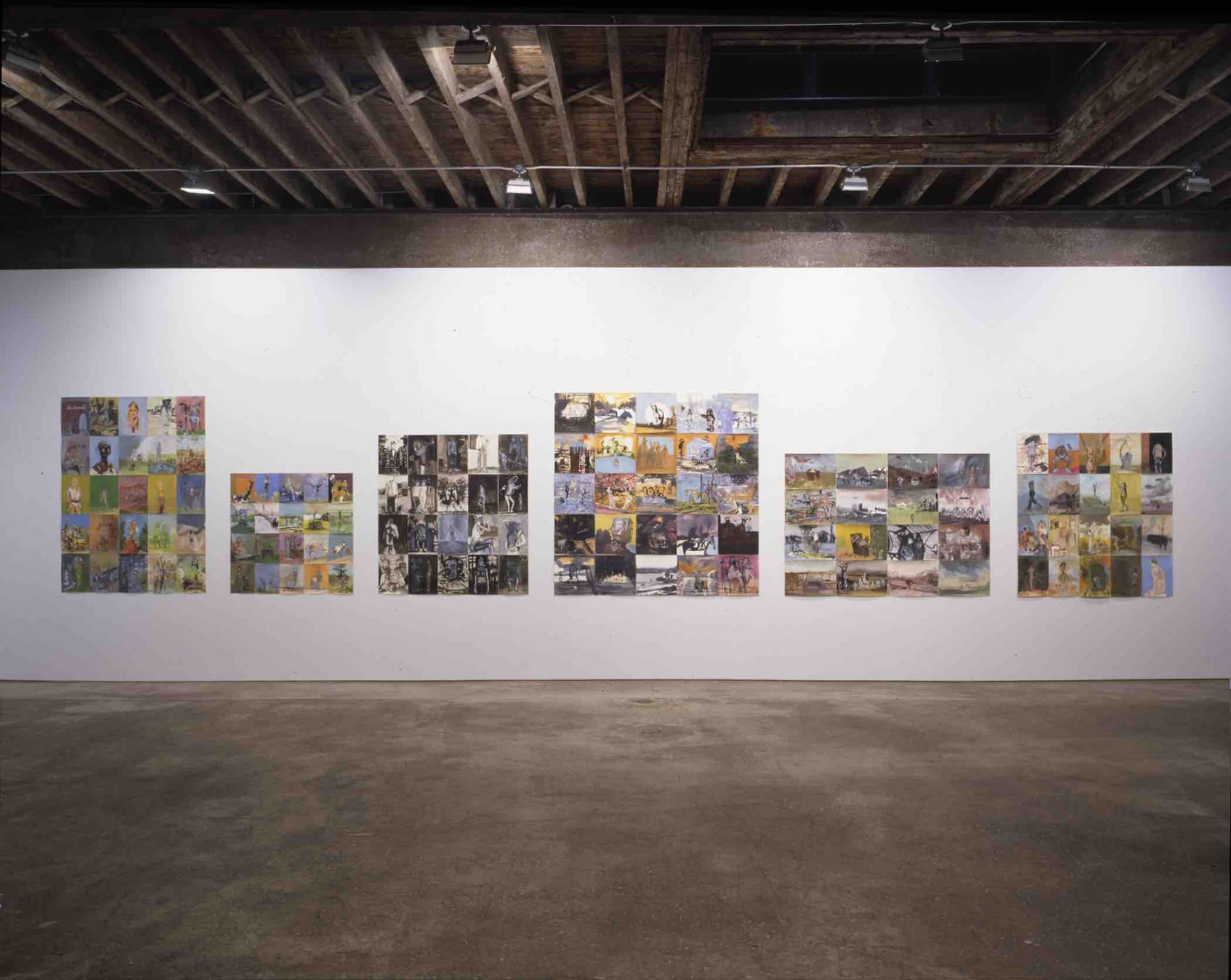 Installation view of Alessandro Pessoli's second show at Anton Kern gallery, featuring groups of drawings as well as Caligola, a DVD animation.