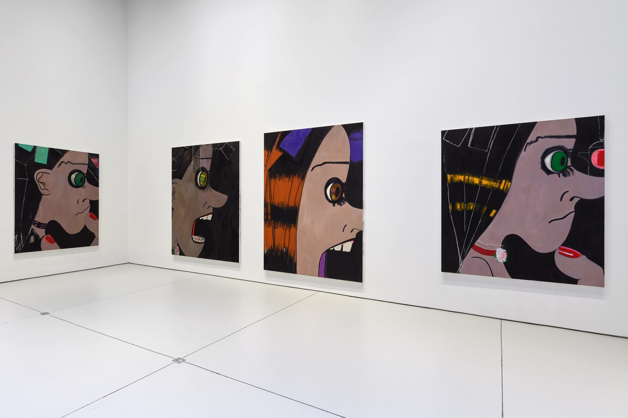 Installation view's of Ellen Berkenblit's 'Sister Garden', a solo exhibition of paintings that form a dizzying daisy-chain of faces. Three works shown here.