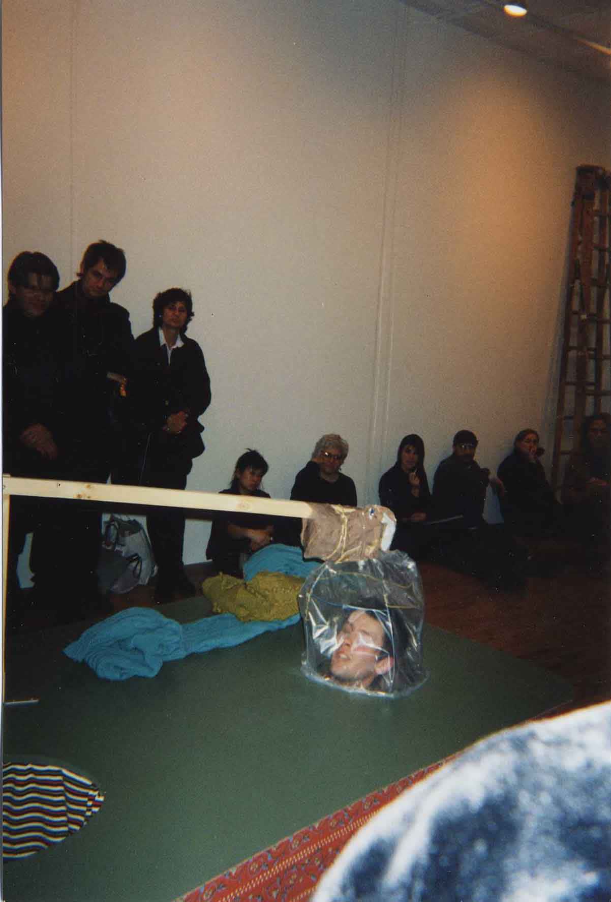 Installation view of John Bock's 1999 solo show, which included a one night performance and sculptural environments. Performance featured.