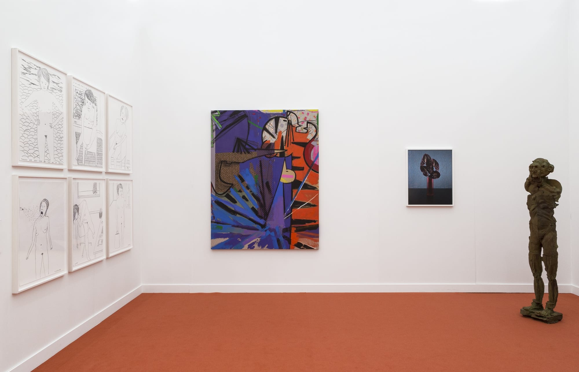 Installation view of Frieze NY 2017. Straight-on view of Berkenblit and Jones' works.