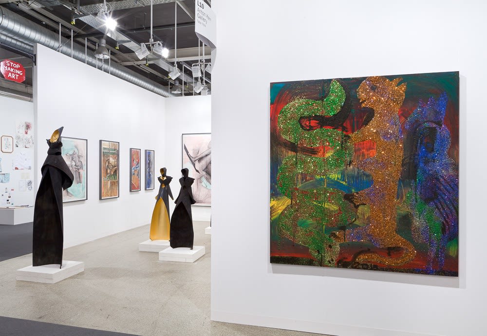 Installation view of Art Basel 2015. Entrance into booth featuring a Chris Martin work titled Snake Puma Condor 2.