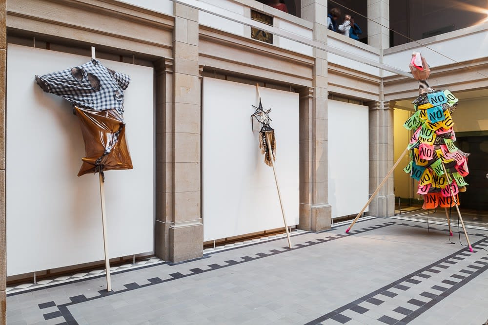 Installation view of Lara Schnitger's show at Basel Parcours, featuring a large body of works as well as a procession through Mezzeplatz. Crucial works to Lara's oeuvre are "Slutsticks," of which are featured here.