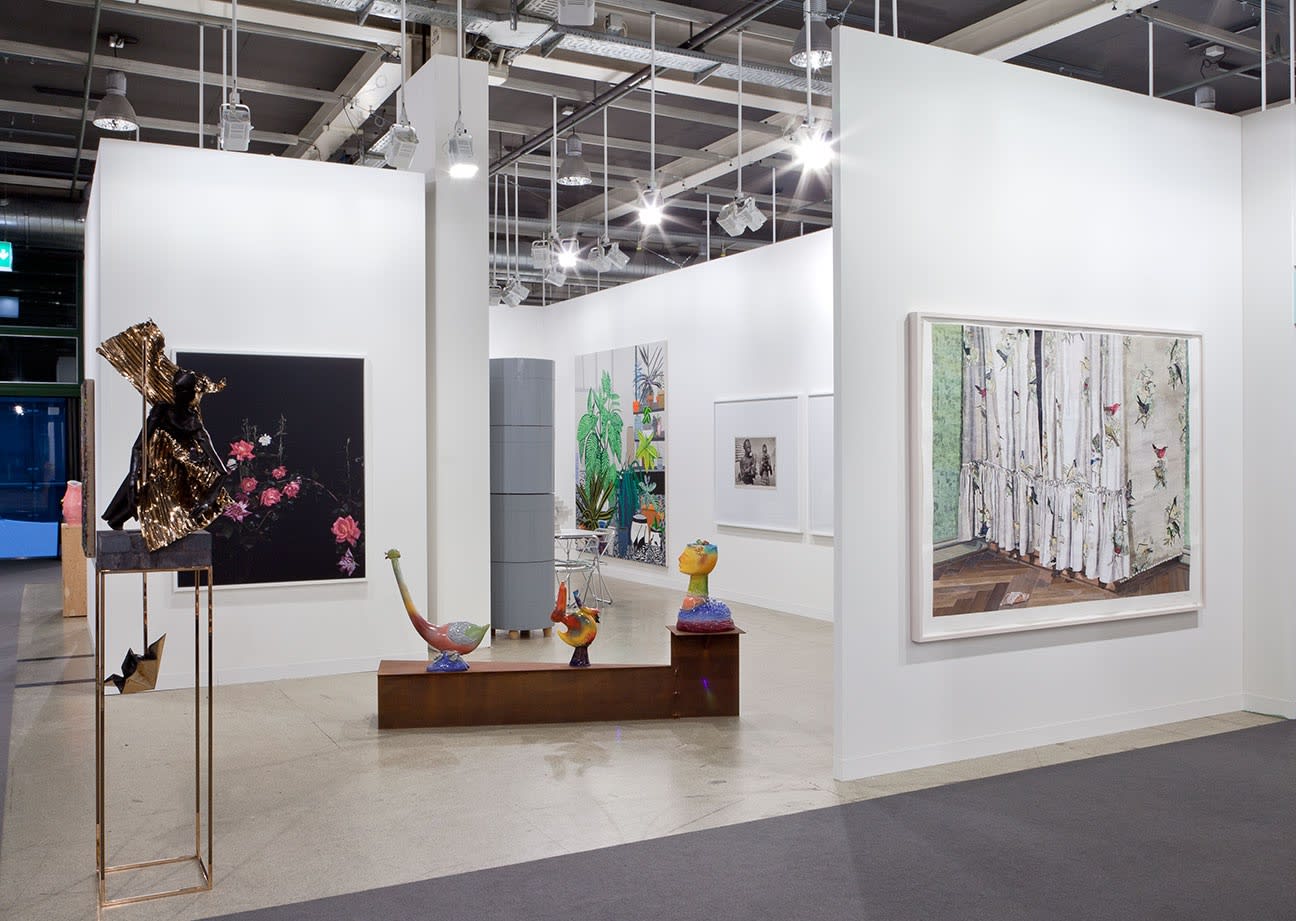Installation view of Anton Kern Gallery's booth at Basel 2014. Sarah Jones, Alessandro Pessoli, and Odenbach represented.
