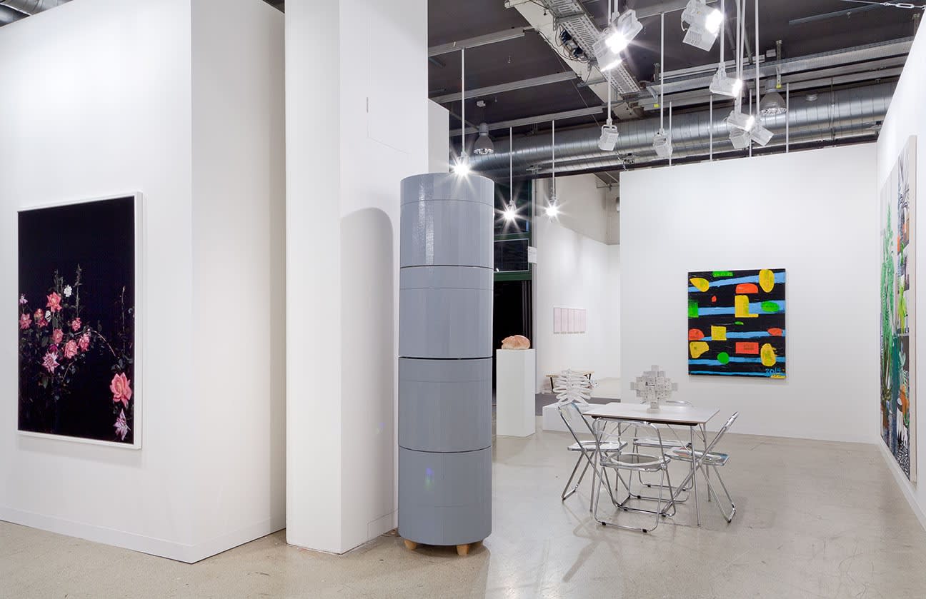 Installation view of Anton Kern Gallery's booth at Basel 2014. Manfred Pernice and Chris Martin featured.