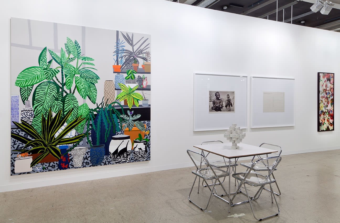 Installation view of Anton Kern Gallery's booth at Basel 2014. Large-scale Jonas Wood and Anne Collier featured.