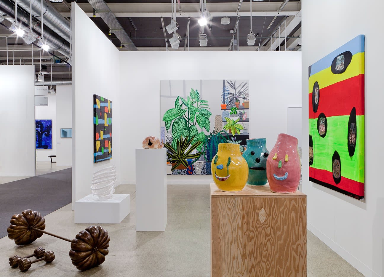 Installation view of Anton Kern Gallery's booth at Basel 2014. A burst of colors, mediums, and sensitivities as Wood, McCarthy, David Shrigley, and Martin are featured.