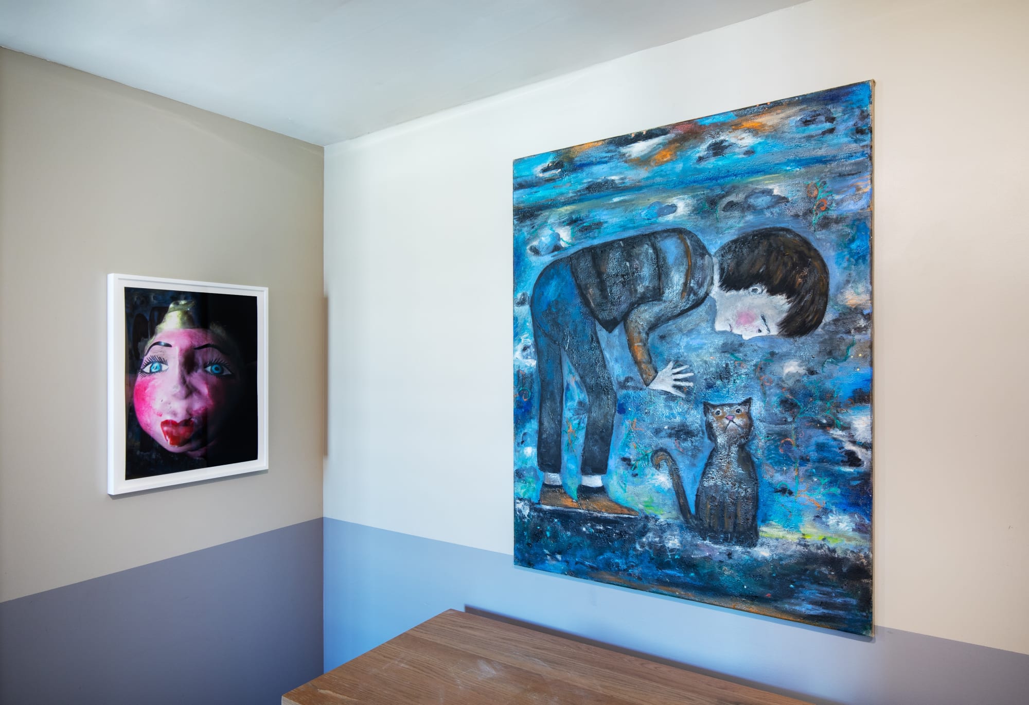 Installation views during Felix Art Fair. Mix of paintings and sculptures by various artists, including Lara Schnitger, Mark Grotjahn, and others.