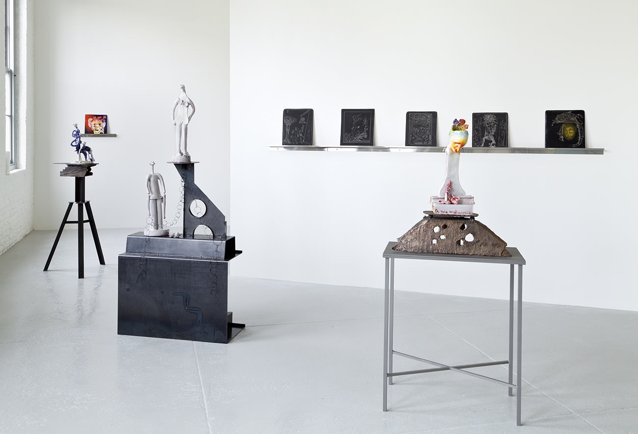 Installation view of Alessandro Pessoli's solo fair-show at Independent Art Fair 2014 at the Dia Art Gallery. Two sculptures and some two-dimensional works featured.