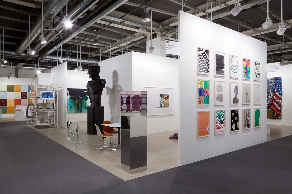 Installation view of the Anton Kern Booth at Basel 2011. Entrance into the booth, many works featured.