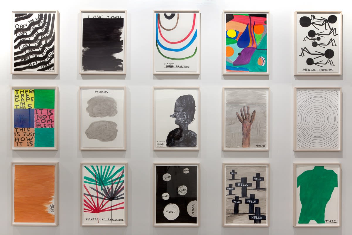 Installation view of the Anton Kern Booth at Basel 2011. The wall of David Shrigley.