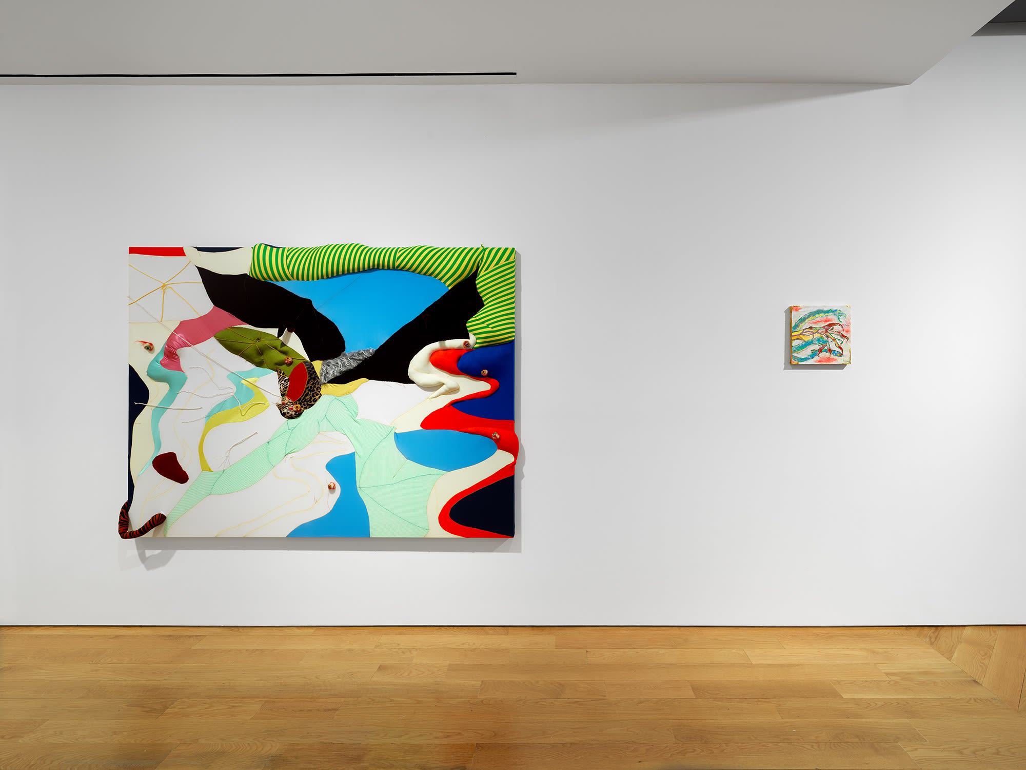 Installation view of Yuli Yamagata's first show in New York and at Anton Kern Gallery. Two hanging works featured.