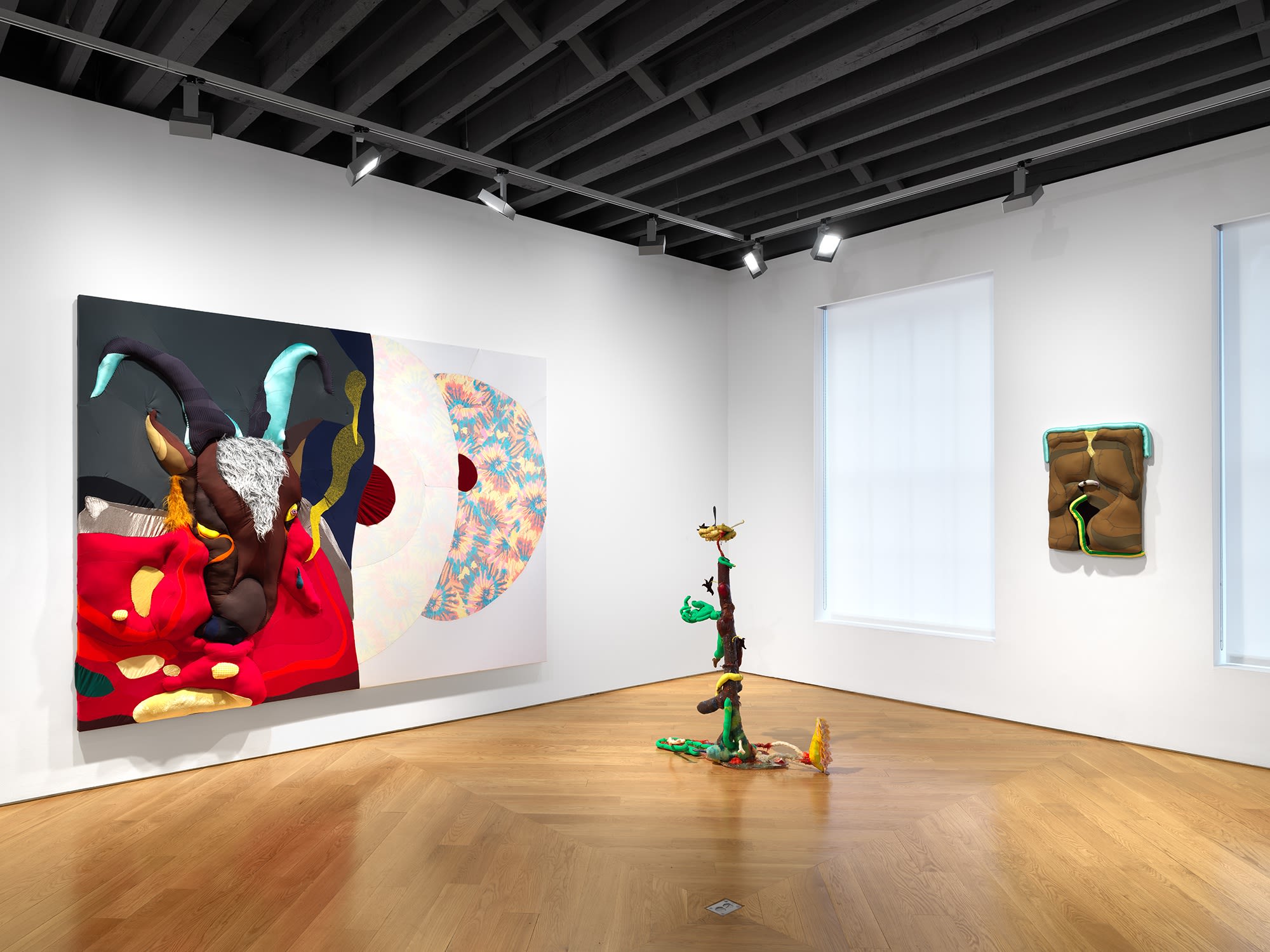 Installation view of Yuli Yamagata's first show in New York and at Anton Kern Gallery, three works featured including the largest piece of the show, Bode (Rolling Stones).