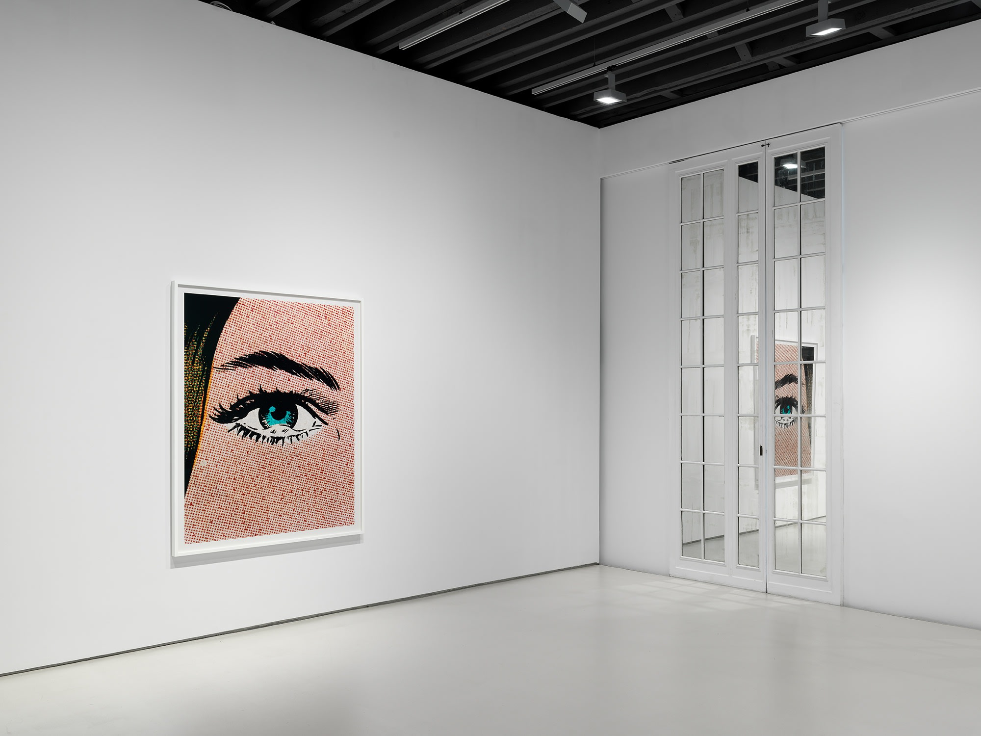 Installation view of Anne Collier's sixth solo show at Anton Kern Gallery, featuring a new body of three distinct groups of works. Angled shot of one work on the second floor, referring back to both the comic aesthetic as well as the notions of tears.
