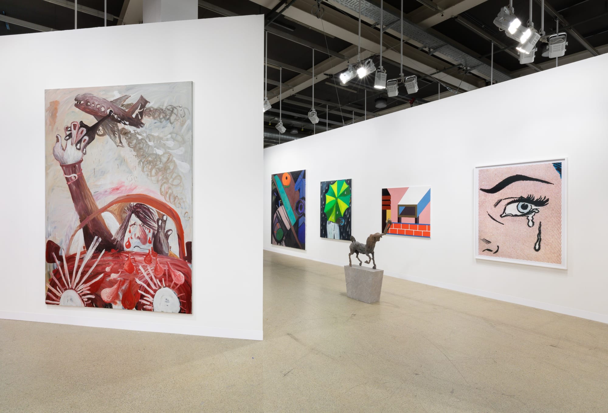 Installation view of the second hang at Basel, featuring a group of different works. Some new works included works by Bendix Harms and Ellen Berkenblit.