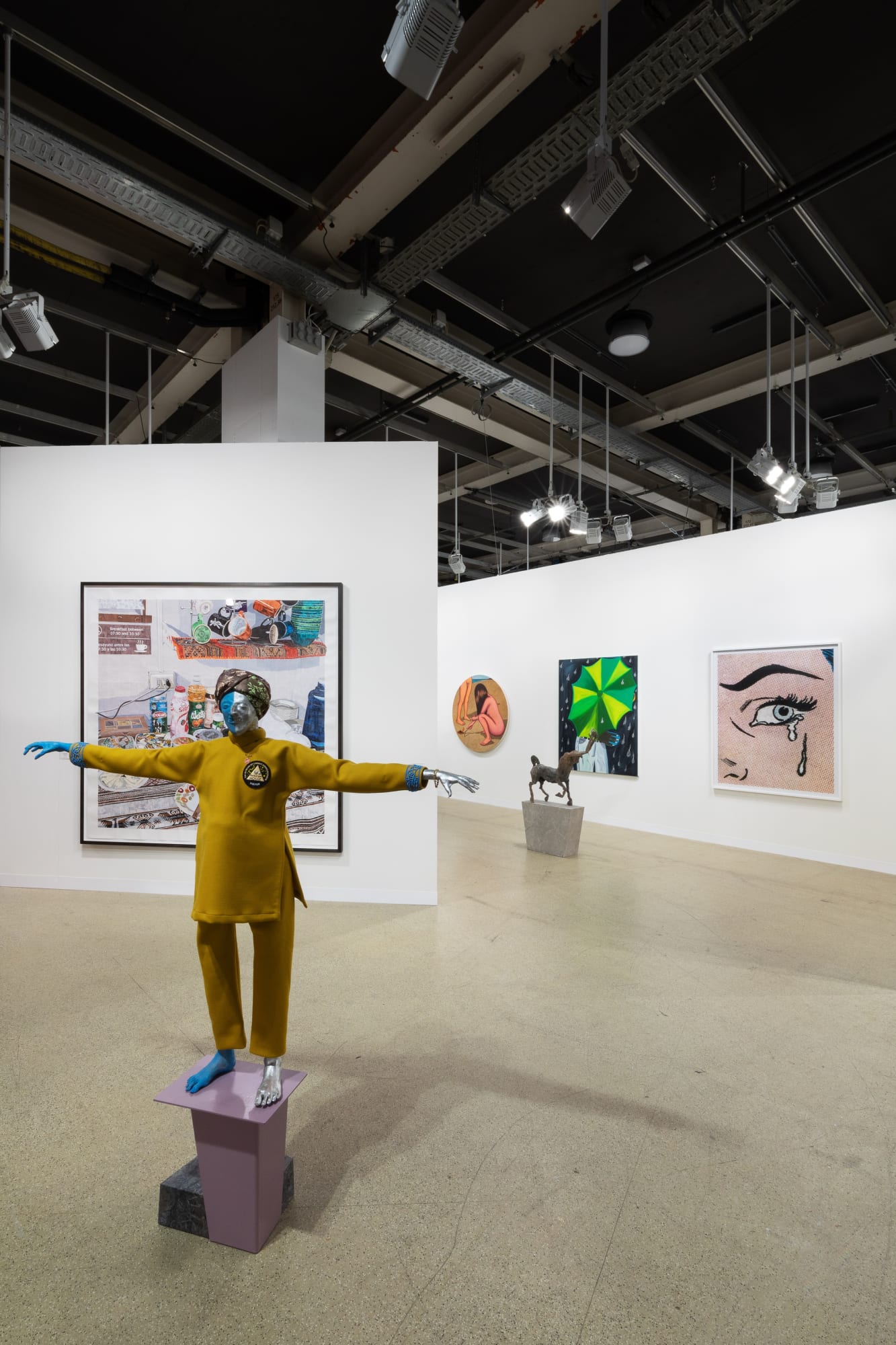 Installation view of the AKG Basel booth 2021. Francis Upritchard's sculpture leads the booth with other works behind.