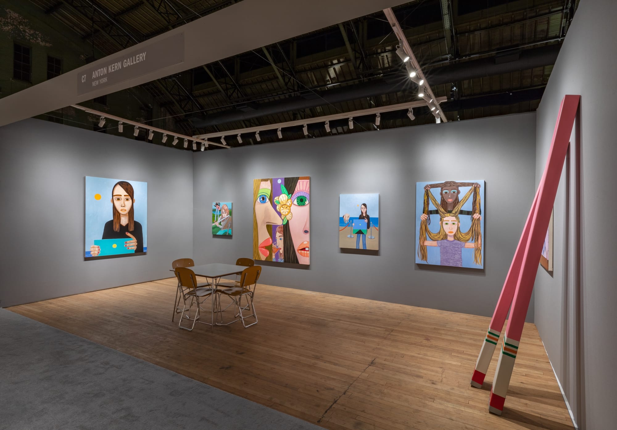 Brian Calvin's solo booth, with 5 paintings and sculpture.