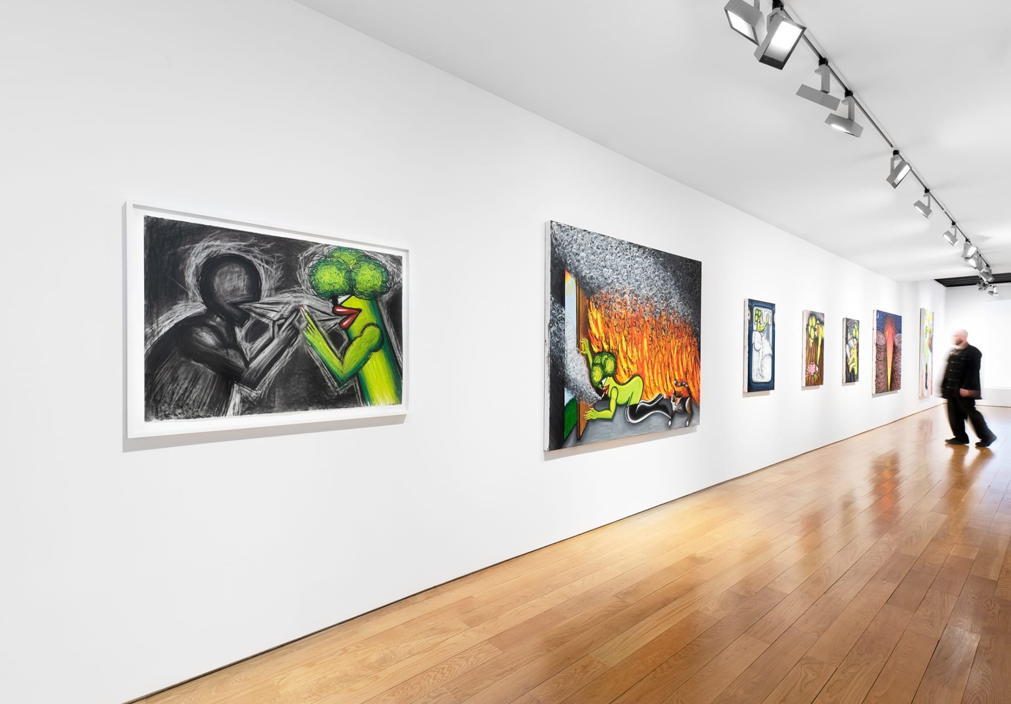 Installation view foreshortened, featuring seven paintings and a visitor in dark clothing for scale. Works include: "Argument," 2021, "Smothering," 2021, "Shadow of Your Former Self," 2021-2022, "Meds," 2022, and "Rain Against My Window," 2021-2022.