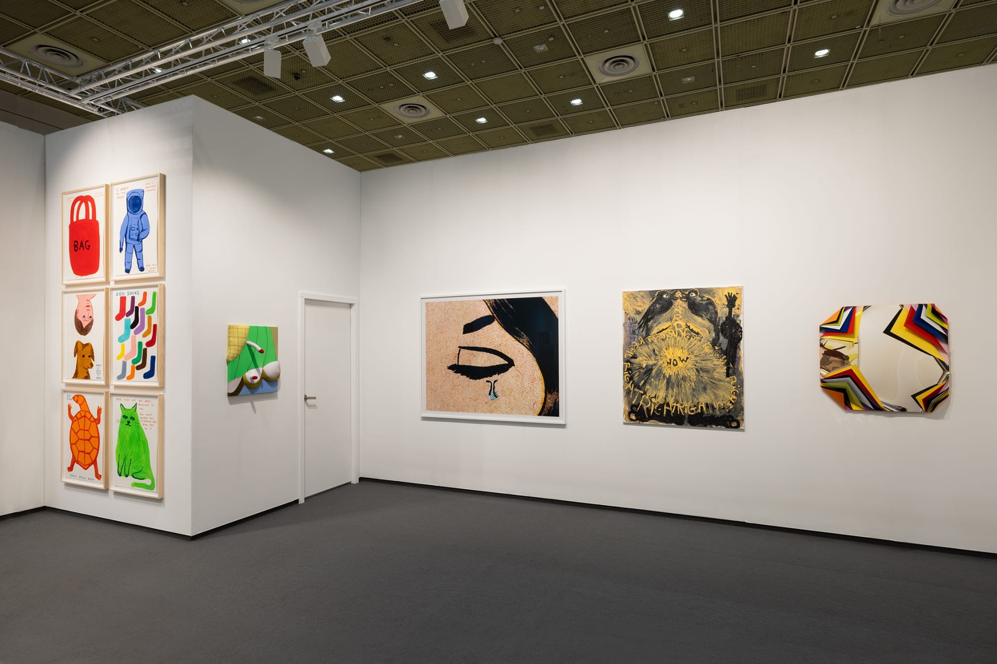 Installation view of Anton Kern Gallery booth at Frieze Seoul with white walls, dark floors, pedestal, sculpture, and paintings