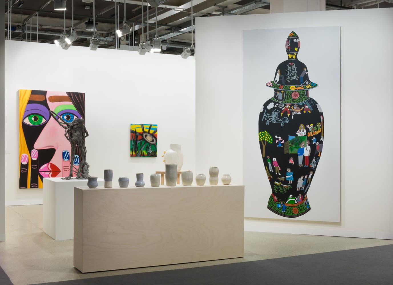 Installation view of the fair. Many gallery artists are exhibited, among them, Lara Schnitger, Jim Lambie, Nicole Eisenman, among others.