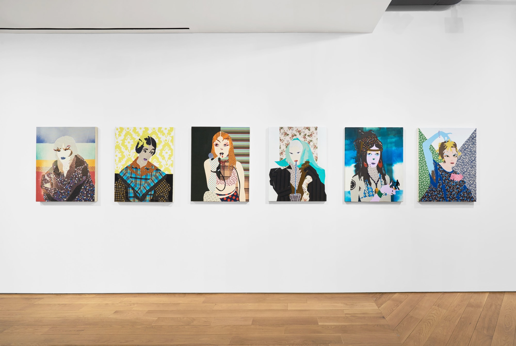 Installation view of the 2023 exhibition “Lara Schnitger: 10 Feet High and Rising” with view of wood floors, walls, artworks and ceiling.