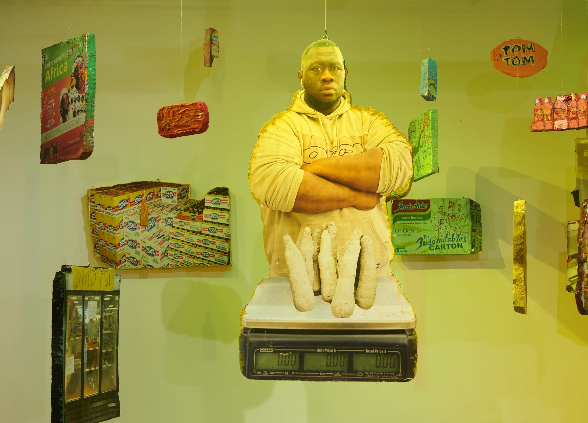 Installation view of the 2023 exhibition “Lloyd Foster: Double Double” at WNDOW with view of walls and artworks.