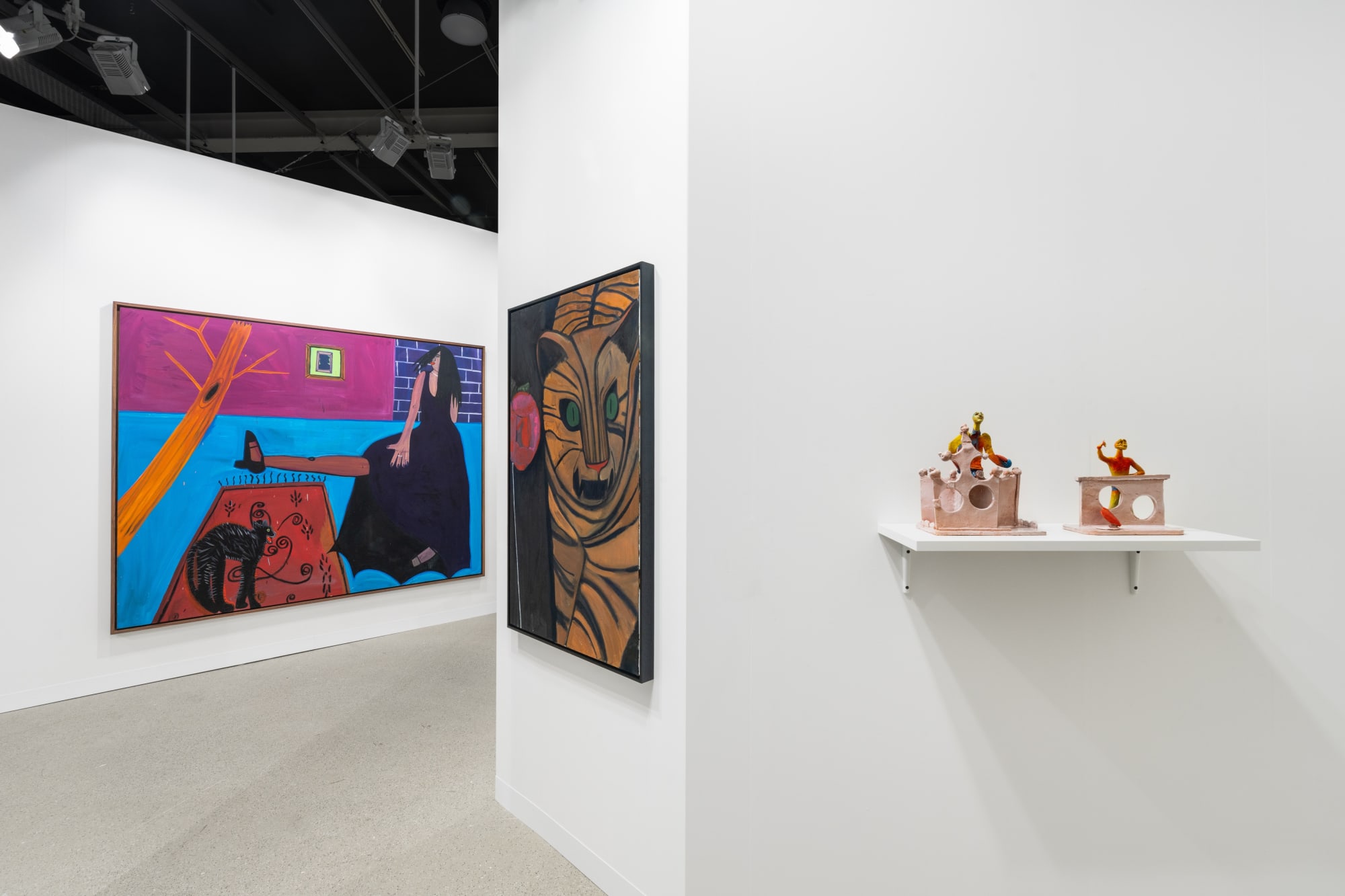 Installation view of Art Basel 2023 booth K10 with view of floors, walls, artworks and ceiling.