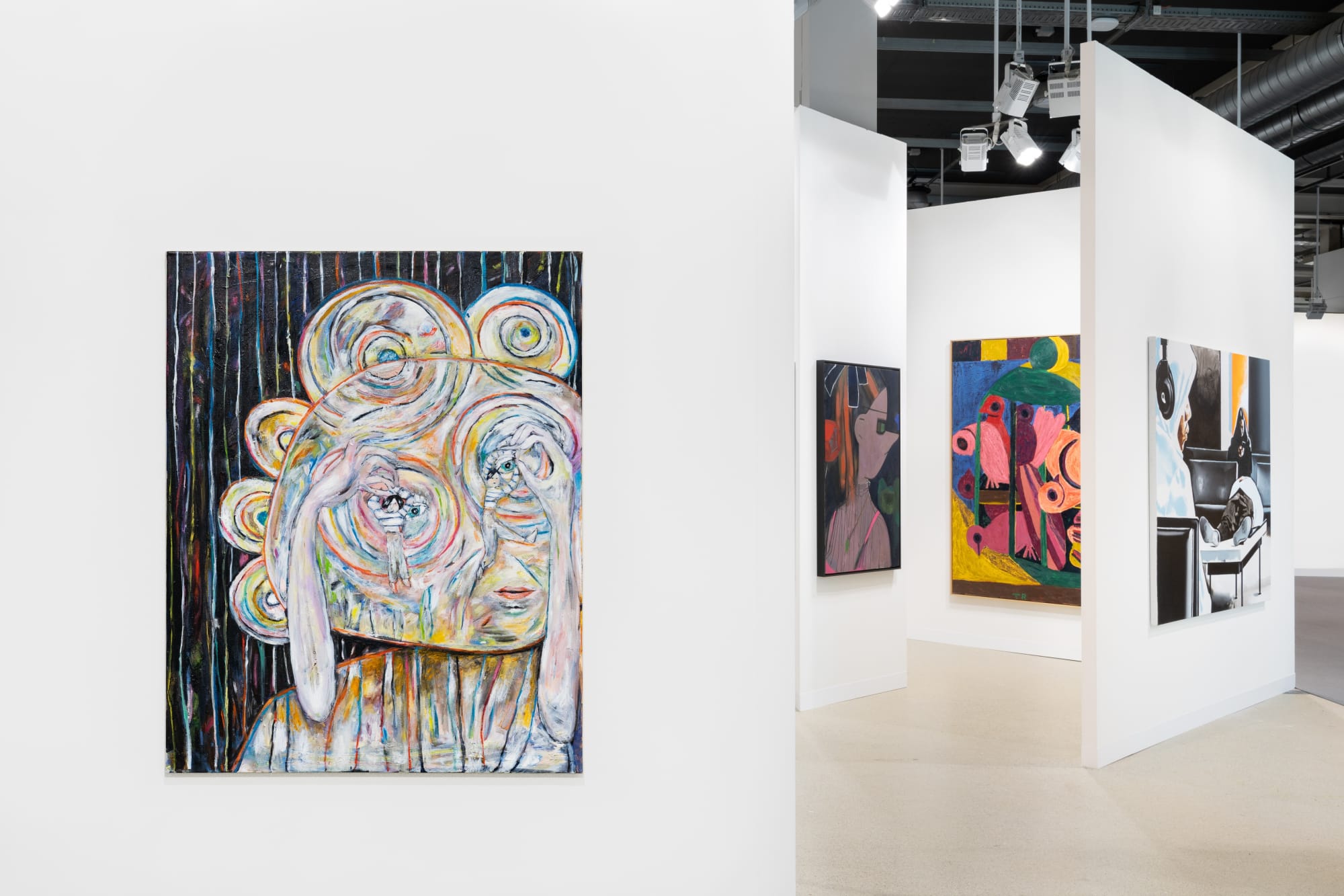 Installation view of Art Basel 2023 booth K10 with view of floors, walls, artworks and ceiling.