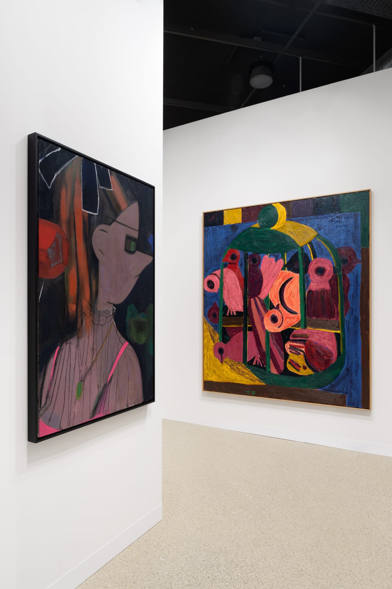 Installation view of Art Basel 2023 booth K10 with view of floors, walls, artworks and ceiling.