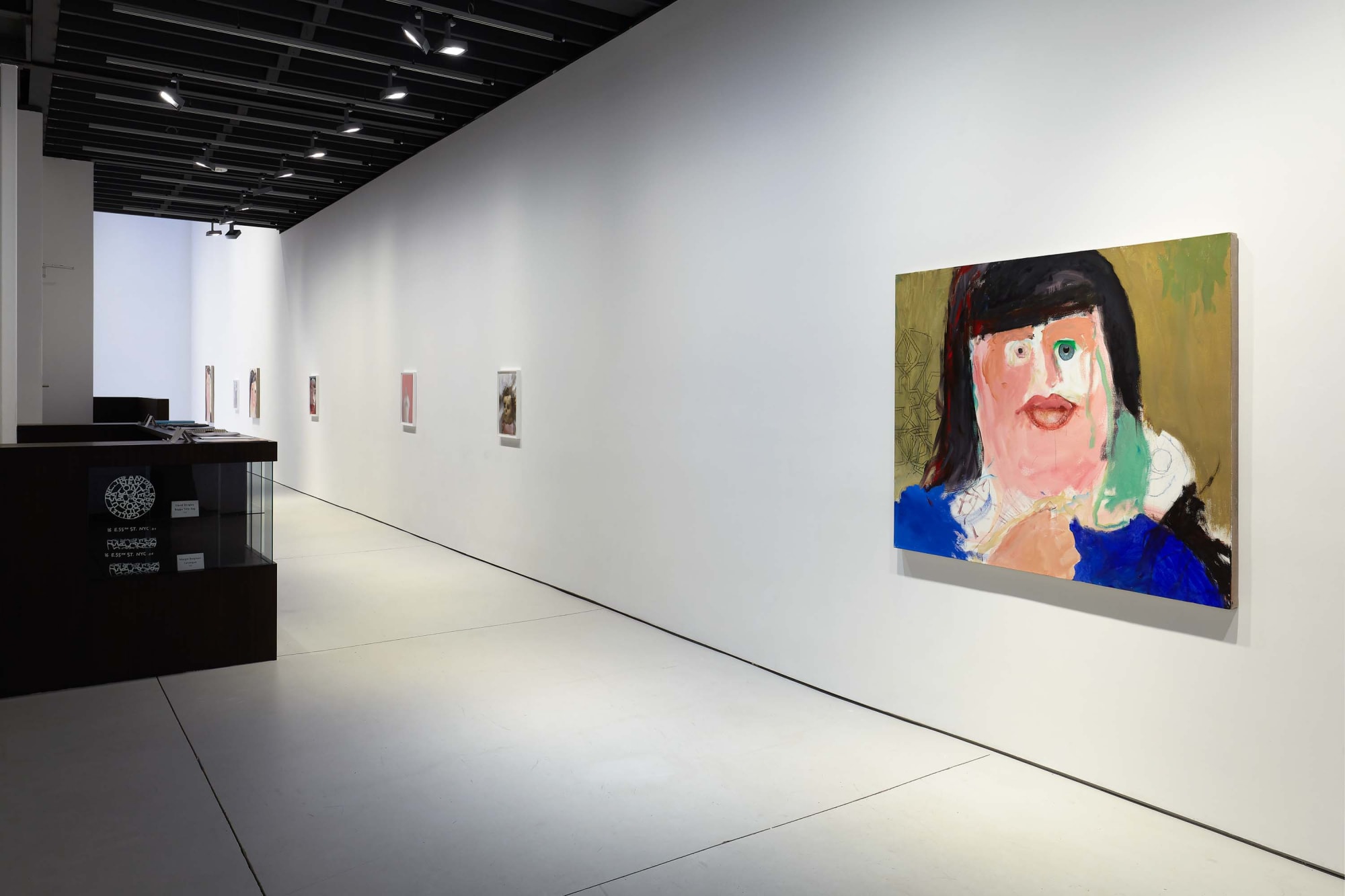 Installation view of figurative portrait paintings made by Margot Bergman. Multiple works featured,