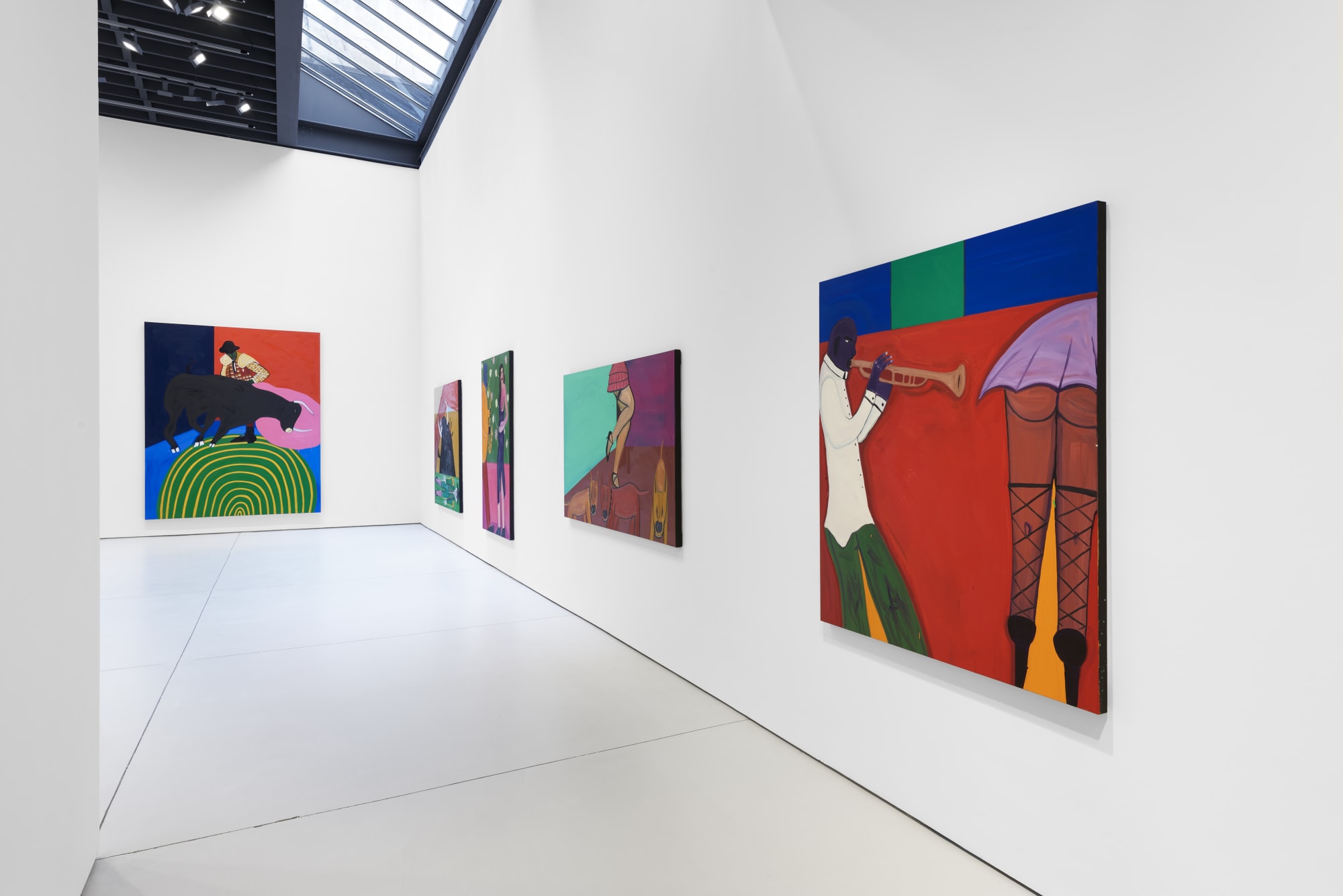 Installation view of the 2023 exhibition “Marcus Jahmal: Interiors” with view of white floors, walls, artworks and ceiling.