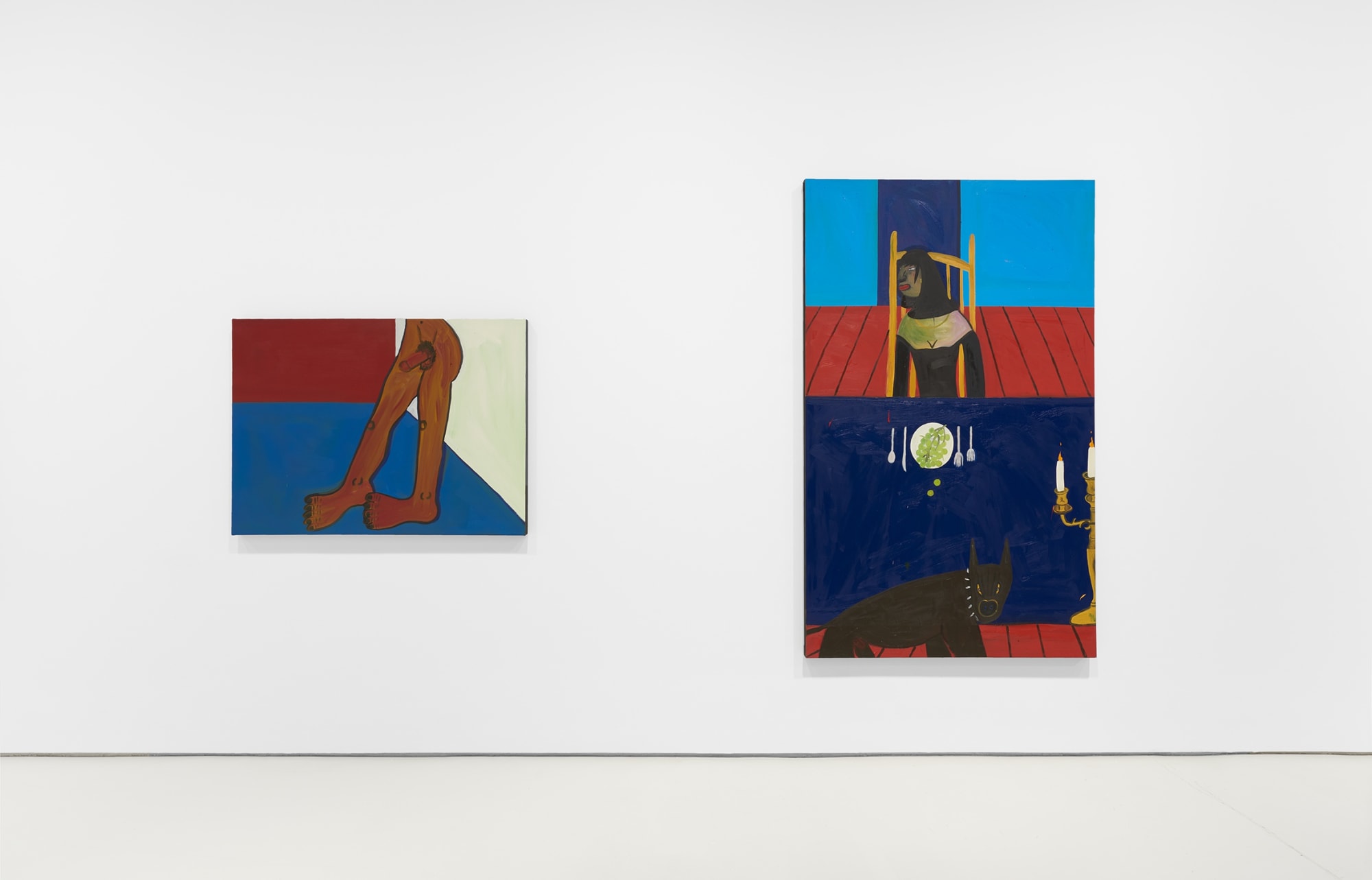 Installation view of the 2023 exhibition “Marcus Jahmal: Interiors” with view of white floors, walls, and artworks.