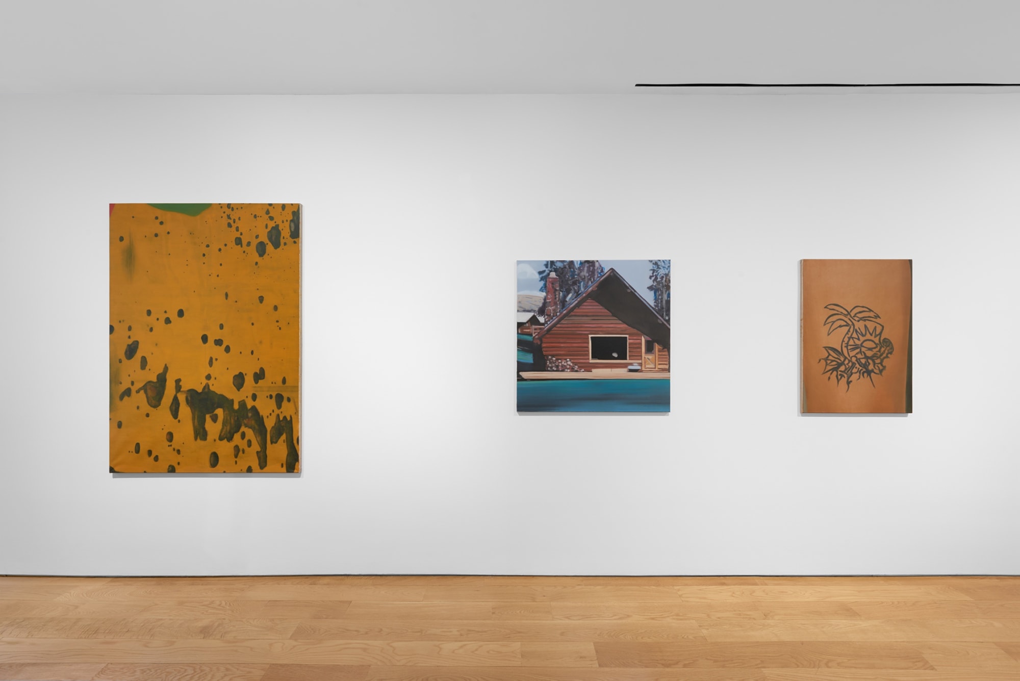 Installation view of the 2023 exhibition “Eberhard Havekost: Paintings 1998-2016” with view of wood floors, walls, artworks and ceiling.