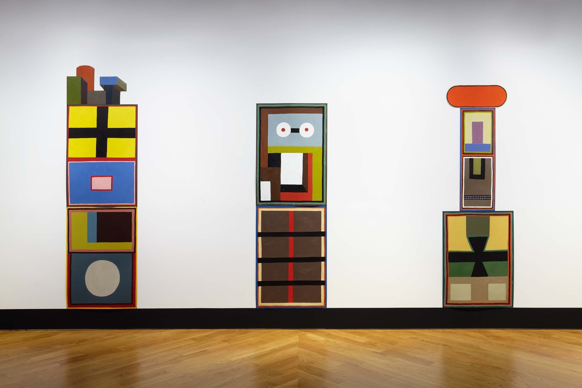 Nathalie Du Pasquier's solo exhibition at the gallery featuring colorful geometric works. Three works here.