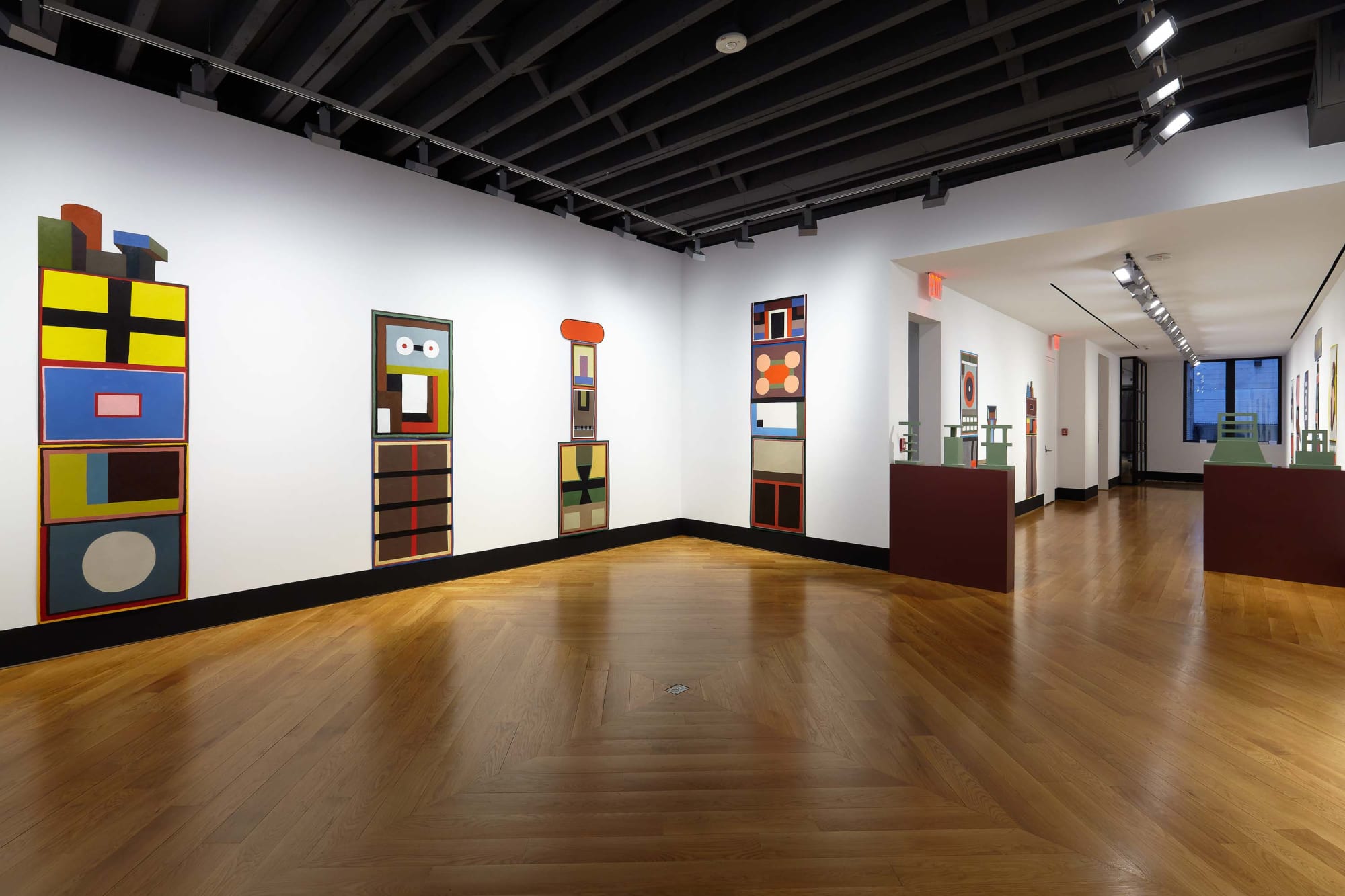 Nathalie Du Pasquier's solo exhibition at the gallery featuring colorful geometric works. Many works featured in this image .