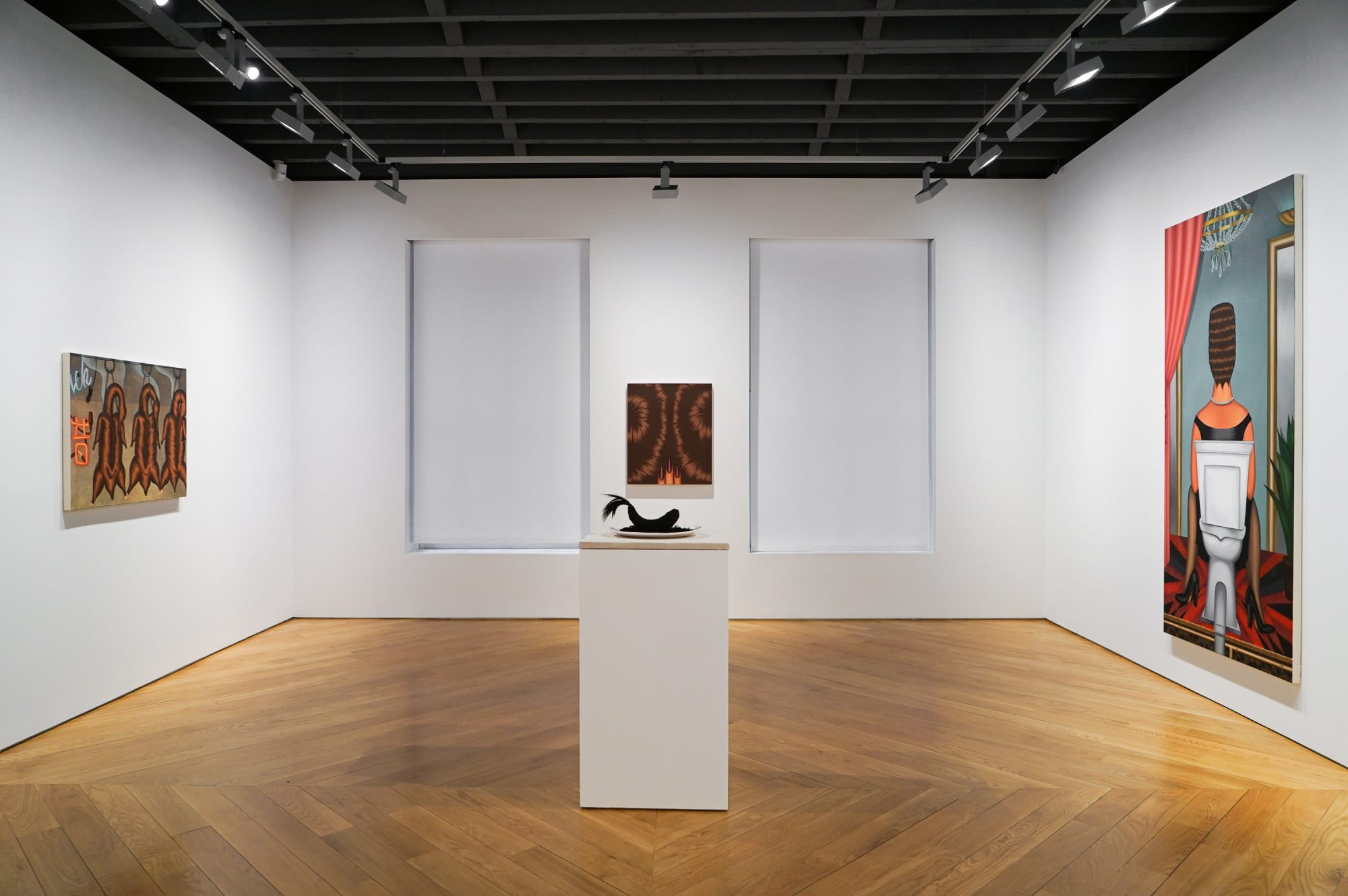 Installation view of Julie Curtiss's solo show at the gallery featuring paintings and sculptures. Painting and sculpture featured.
