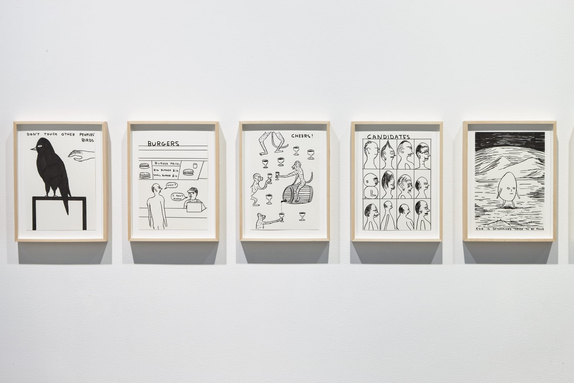 Installation view of David Shrigley's solo exhibition at the gallery with about 100 paintings and sculptures. Detail of some works.