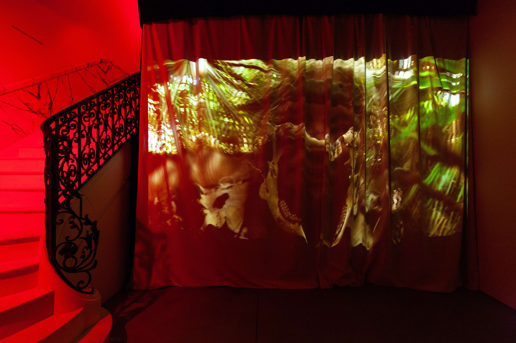 Installation view of John Bock's Dead + Juicy, a multimedia installation including film, sculpture, and a performance. View of Bock's film.