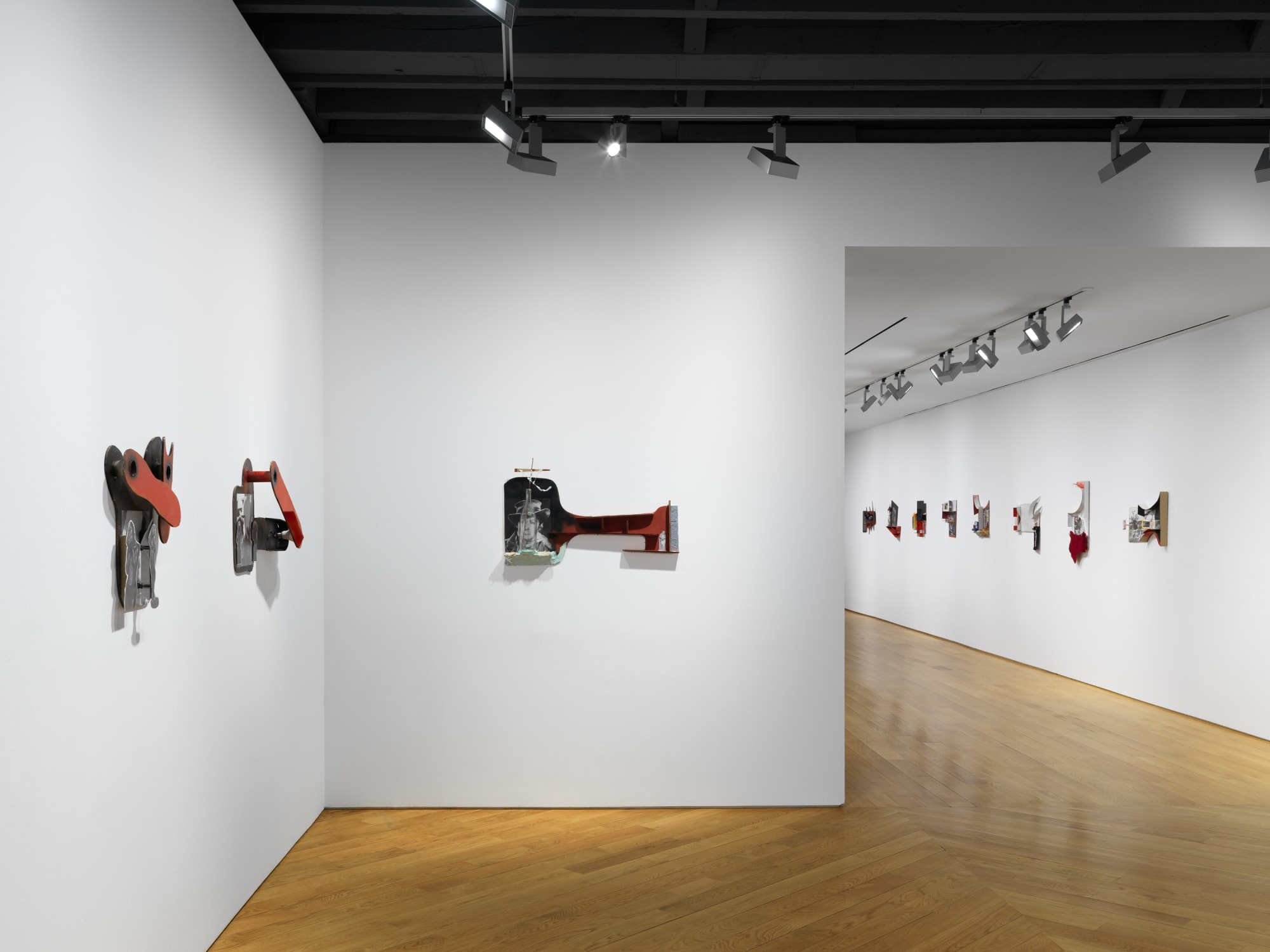Installation view on the gallery's third floor of collages, which are 3 dimensional, unique, and vary in shape and content, showcasing one work.