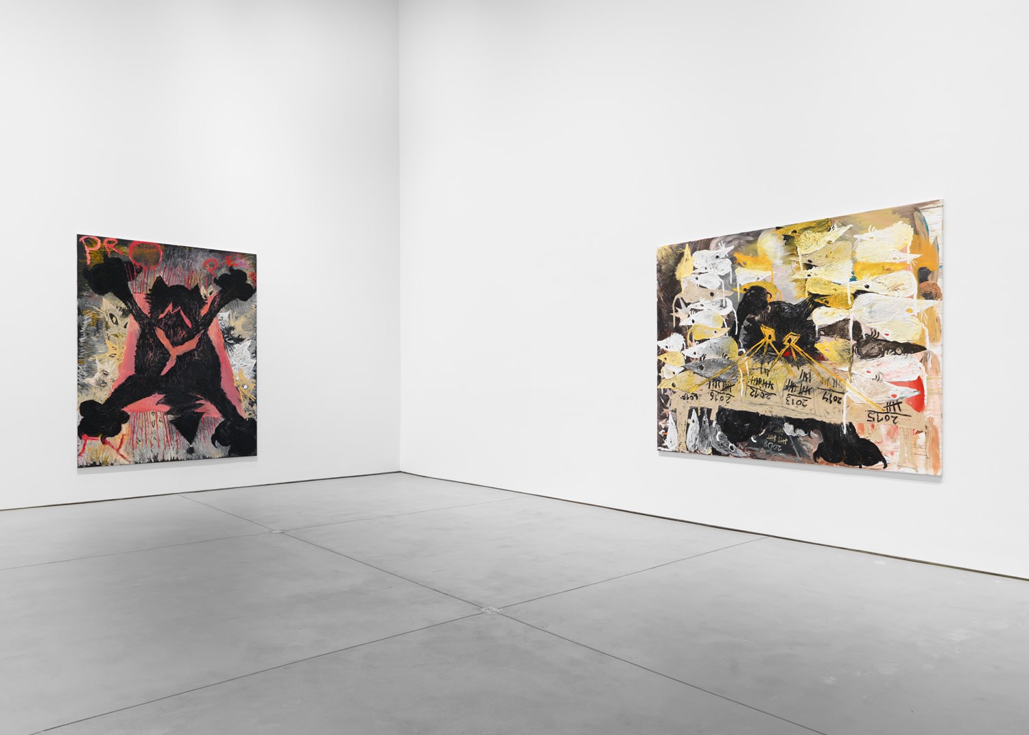 Installation view of Sankt Rufus, a solo exhibition featuring the works of Bendix Harms. Die Mausesteuer, an oil painting, can be seen here.