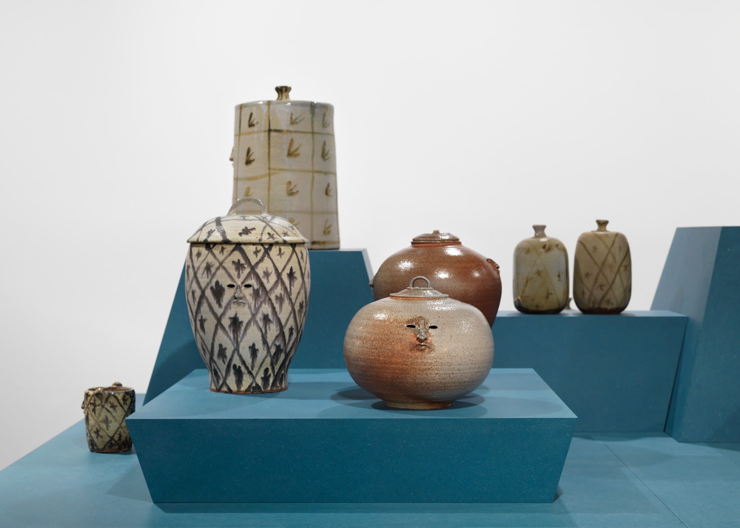 Installation view of Francis Upritchard's show titled Pots. View of five pots.