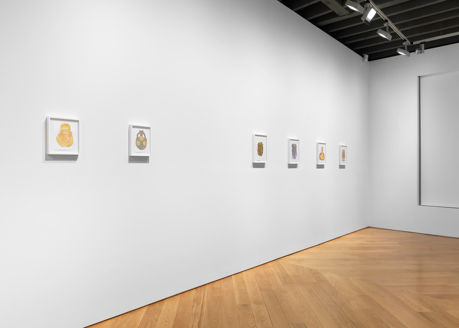 Installation view of Francis Upritchard's show titled Pots. A few drawings presented.