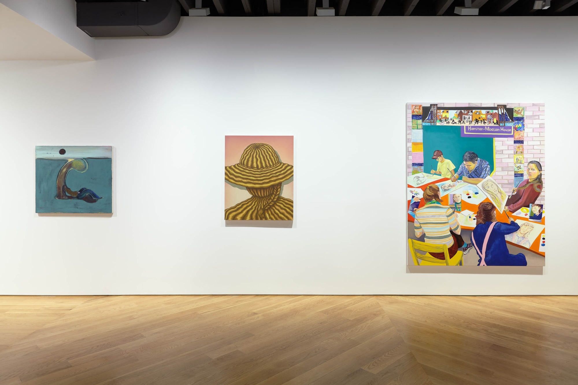 Installation view of 10 Exhibition, featuring works from Julie Curtiss and Aliza Nisenbaum.